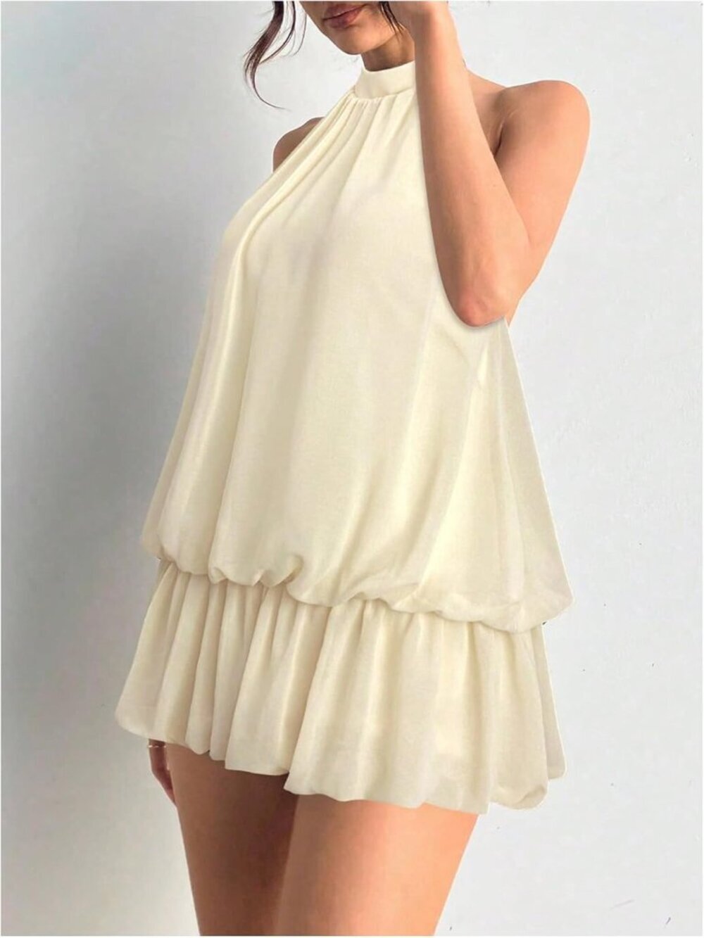 〽️Women's Apricot Tie Open Back Sleeveless Ruffle Hem Polyester Halter Dress